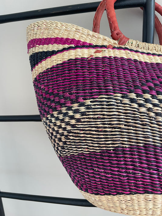 Bolga rieten mand naturel/paars/d.blauw