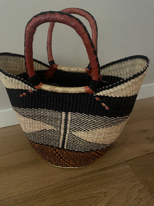 Bolga rieten mand donkerblauw/oranje