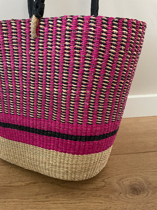 Bolga rieten shopper donkerroze