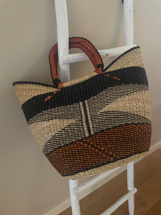 Bolga rieten mand donkerblauw/oranje